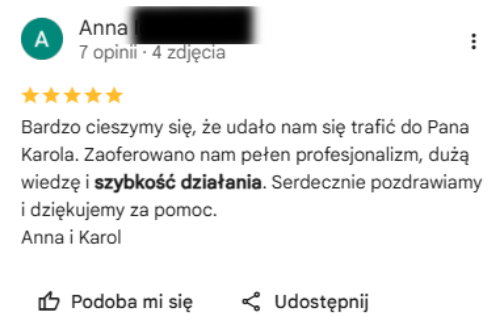 Opinia klientki w Google