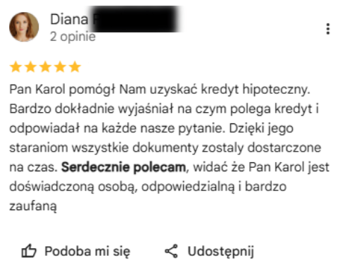 Opinia klientki w Google