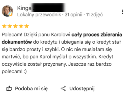 Opinia klientki w Google