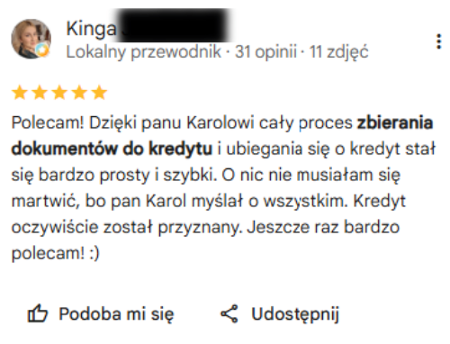 Opinia klientki w Google