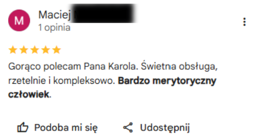 Opinia klienta w Google