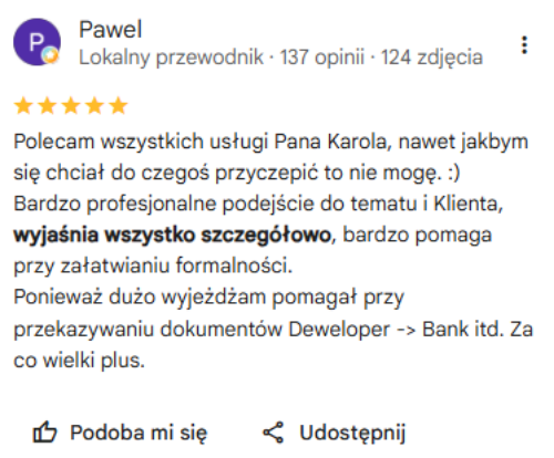 Opinia klienta w Google